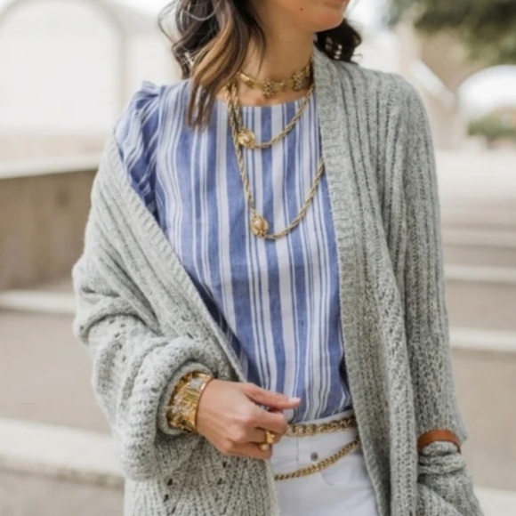 CAbi Linen Blue White Stripe Puff Sleeve Wing Blouse Top - Picture 1 of 4